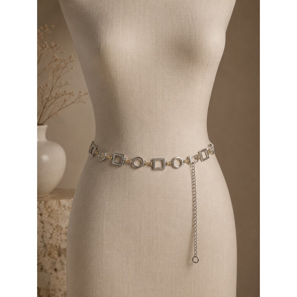 Geometric Chain Belt Silver Gold Tone Squares Circles Adjustable Waist Belt O/S